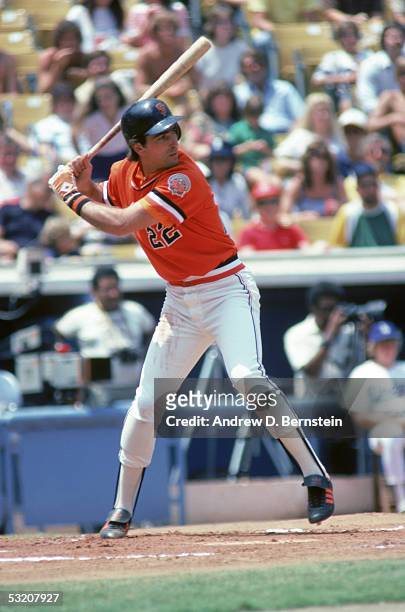 Jack Clark of the San Francisco Giants steps into the swing during a season game. Jack Clark played for the San Francisco Giants from 1979-1984.