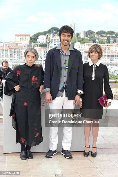 Kirin Kiki, Hiroshi Abe and Yoko Maki attend the "After The Storm" photocall during the 69th Annual Cannes Film Festival at the Palais des Festivals...