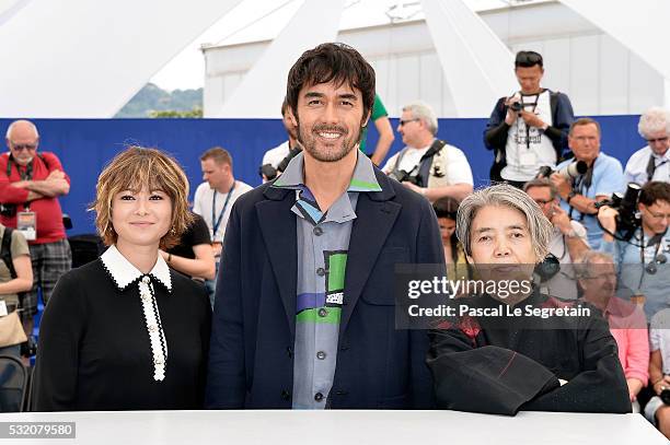 Yoko Maki, Hiroshi Abe and Kirin Kiki attend the "After The Storm" photocall during the 69th Annual Cannes Film Festival at the Palais des Festivals...