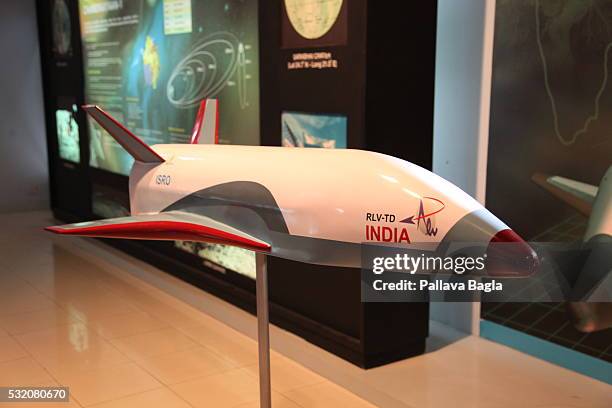 Model of India’s first re-usable Launch Vehicle or 'Space Shuttle' is displayed at Vikram Sarabhai Space Center on March 30, 2016 in...