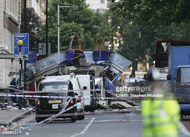 The rear of the bus that was destroyed by an explosion at Tavistock Square during a series of explosions which ripped through London's underground...