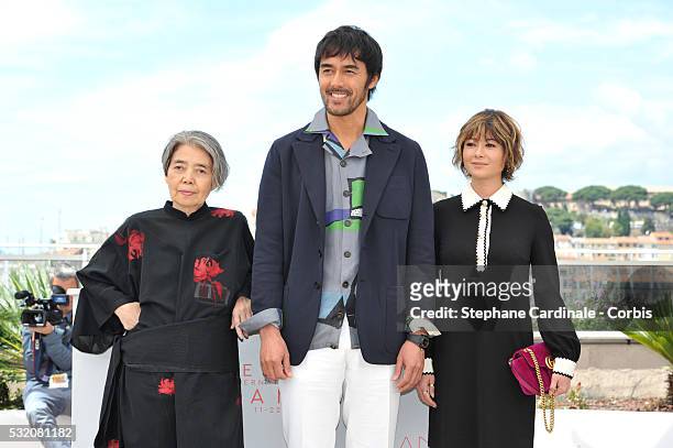 Actors Kirin Kiki, Hiroshi Abe and Yoko Maki attend the "After The Storm" photocall during the 69th Annual Cannes Film Festival at the Palais des...