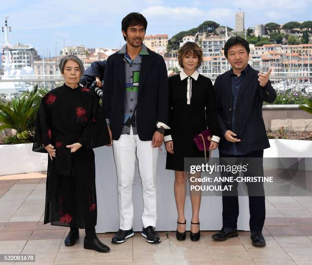 Japanese actress Kilin Kiki, Japanese actor Abe Hiroshi, Japanese actress Maki Yoko and Japanese director Kore-Eda Hirokazu pose on May 18, 2016...