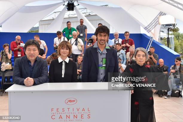 Japanese director Kore-Eda Hirokazu, Japanese actress Maki Yoko, Japanese actor Abe Hiroshi and Japanese actress Kilin Kiki pose on May 18, 2016...