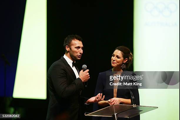Olympians Ian Thorpe and Giaan Rooney speak on stage during the AOC Athlete Farewell Dinner at The Star on May 18, 2016 in Sydney, Australia.