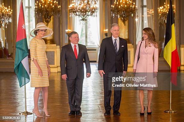 Queen Mathilde of Belgium, King Abdullah II of Jordan, King Philippe of Belgium and Queen Rania of Jordan pose for the official photo at the Royal...
