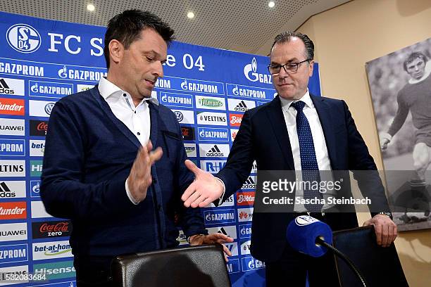 Head of sport Christian Heidel and chairman Clemens Toennies of FC Schalke 04 shake hands during a press conference at Veltins-Arena on May 18, 2016...
