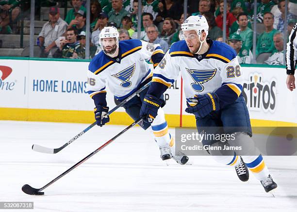 Paul Stastny of the St. Louis Blues handles the puck against the Dallas Stars in Game Seven of the Western Conference Second Round during the 2016...