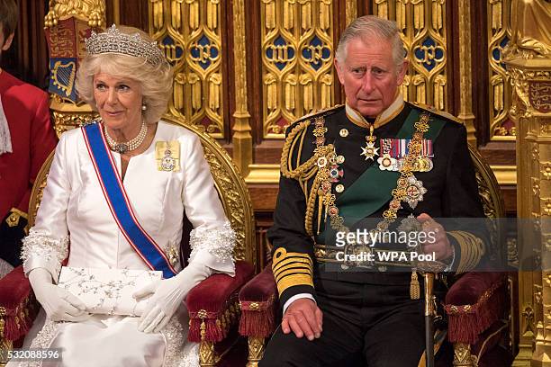 Prince Charles, Prince of Wales and Camilla, Duchess of Cornwall sit during State Opening of Parliament in the House of Lords at the Palace of...