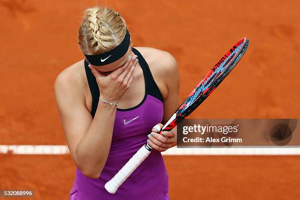 Sabine Lisicki of Germany reacts during her match against Varvara Lepchenko of USA during day five of the Nuernberger Versicherungscup 2016 on May...