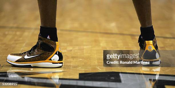 The shoes of Kobe Bryant of the Los Angeles Lakers are shown during the game against the San Antonio Spurs on January 4, 2005 at the SBC Center in...