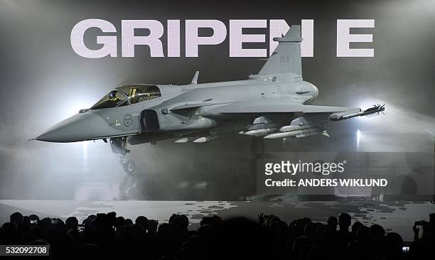 The new E version of the Swedish JAS 39 Gripen multirole fighter is presented at the SAAB in Linkoping, on May 18, 2016. / AFP / TT News Agency /...