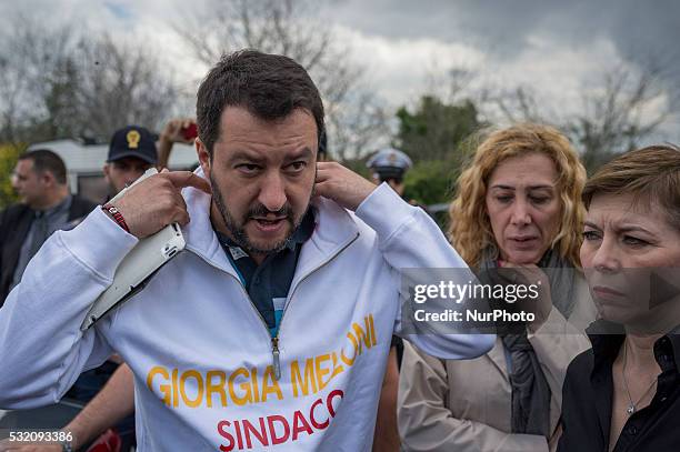 Matteo Salvini visits a nomad camp during electoral meeting of the Rome mayoral candidate Giorgia Meloni on May 18, 2016 in Rome, Italy