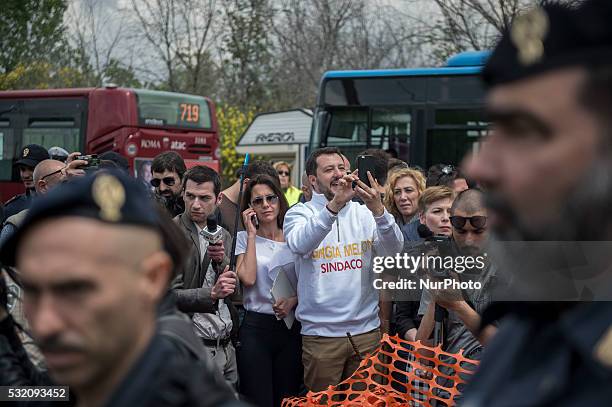 Matteo Salvini visits a nomad camp during electoral meeting of the Rome mayoral candidate Giorgia Meloni on May 18, 2016 in Rome, Italy