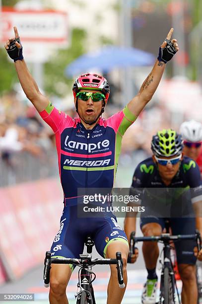 Italy's Diego Ulissi of team Lampre-Merida celebrates as he crosses the finish line to win the 11th stage of the 99th Giro d'Italia, Tour of Italy,...