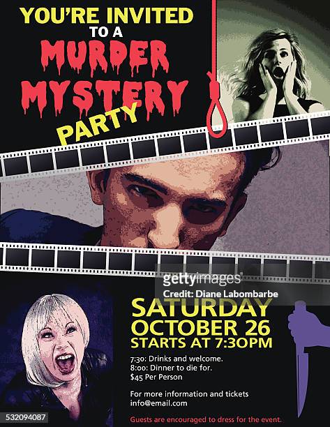 bildbanksillustrationer, clip art samt tecknat material och ikoner med murder mystery dinner invitation - movie poster