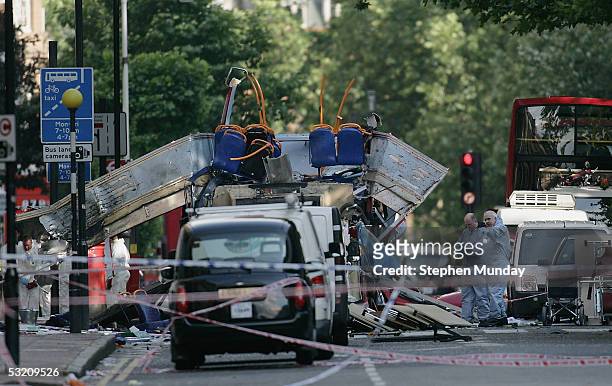 The rear of the bus that was destroyed by an explosion in Russell Square during a series of explosions which ripped through London's Underground...