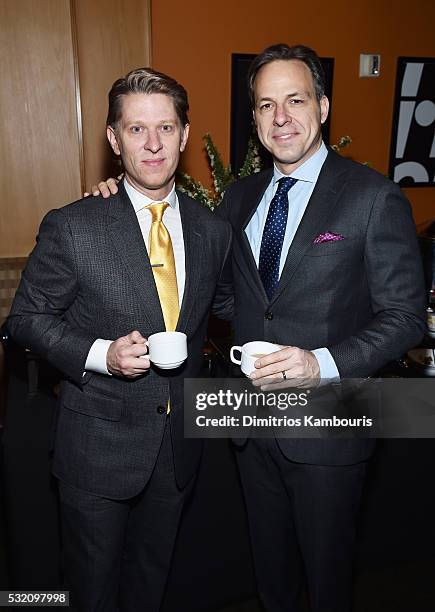 Chairman and CEO of Turner John Martin and journalist Jake Tapper attend the Turner Upfront 2016 green room at The Theater at Madison Square Garden...