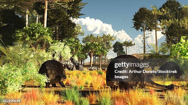 prehistoric glyptodonts graze on grassy plains. - monkey puzzle tree stock illustrations