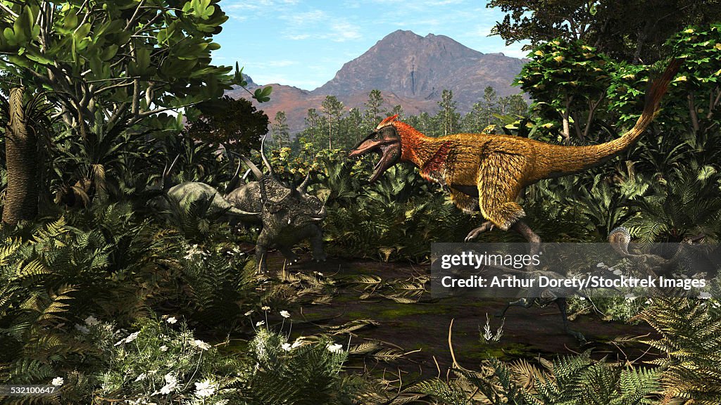 A protofeathered Lythronax comes upon a pair of Diabloceratops.