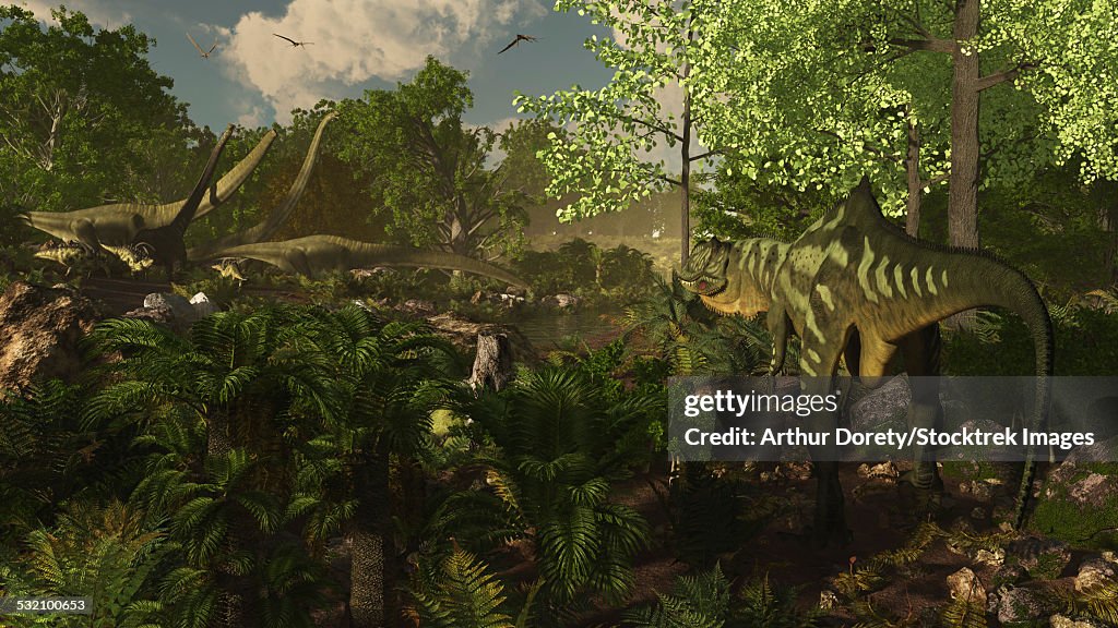 Yangchuanosaurus spies on a group of Mamenchisaurus.