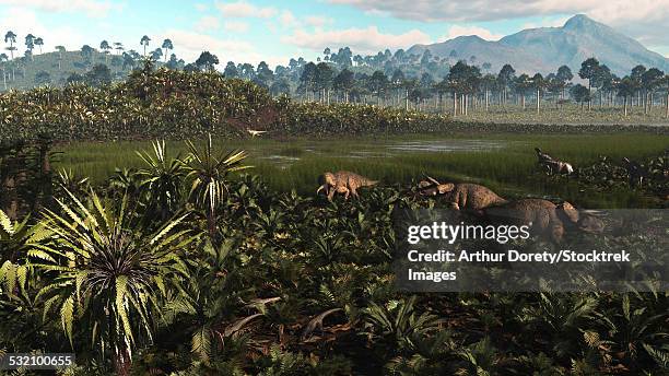 dinosaurs graze the lush delta lands of north america 76-74 million years ago. - albertosaurus stock illustrations