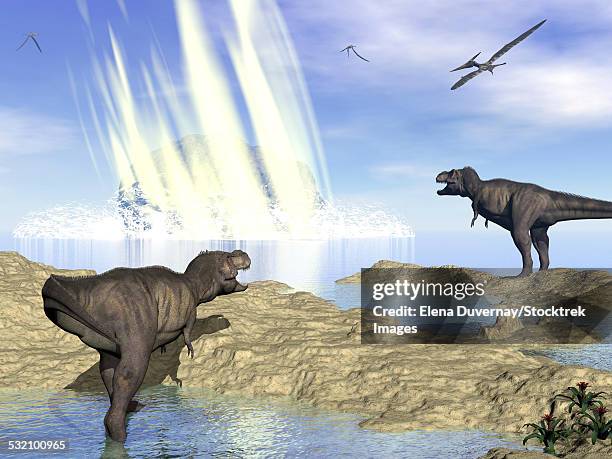 tyrannosaurus rex and pteranodons watch a meteorite impact in yucatan, mexico, that created chicxulub crater and induced the end of dinosaurs. - meteorkrater stock-grafiken, -clipart, -cartoons und -symbole