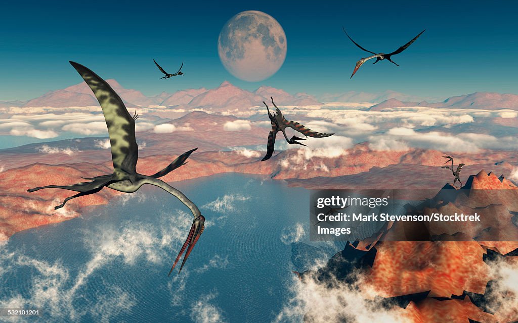 A group of Quetzalcoatlus pterosaurs during the Cretaceous Period.