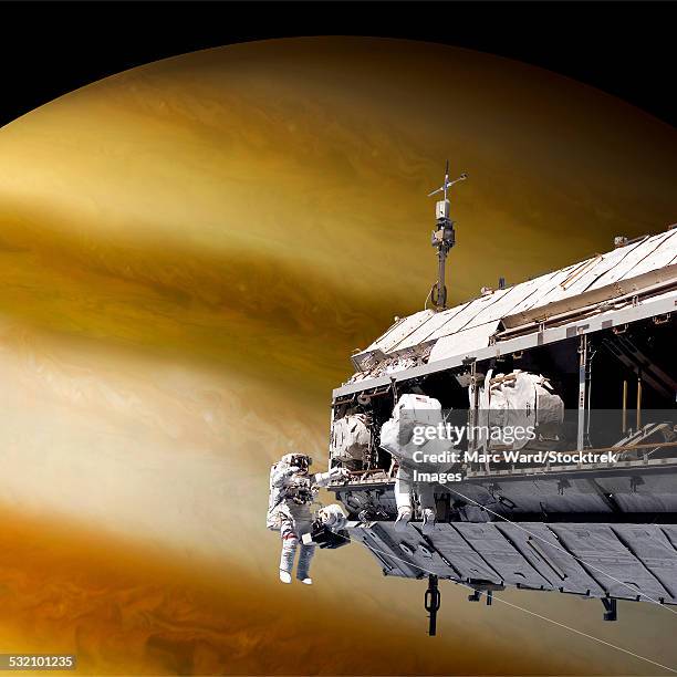 an artists depiction of a team of astronauts performing work on a space station while orbiting a large alien planet. - space station stock illustrations