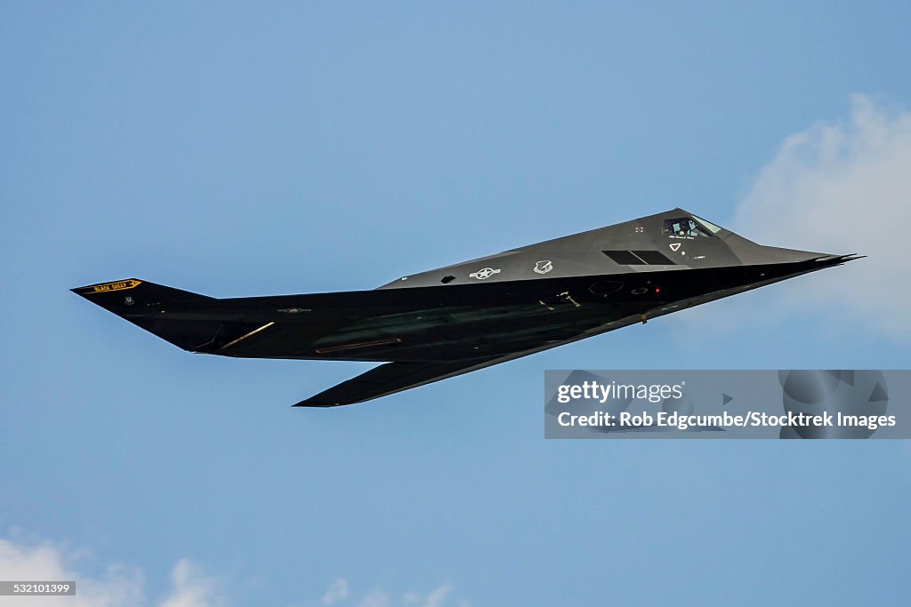 A U.S. Air Force F-117 Nighthawk performs a flyby at Andrews Air Force Base, Maryland.
