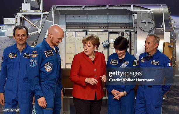 German Chancellor Angela Merkel meets the astronauts Pedro Duque, Alexander Gerst, Samantha Cristoforetti and Jean-Francois Clervoy after visiting a...