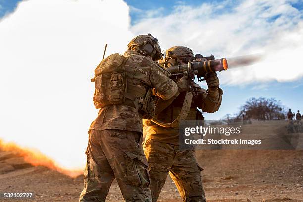 january 26, 2014 - u.s. army rangers fire an at-4 at a range on camp roberts, california. - missile flame stock pictures, royalty-free photos & images