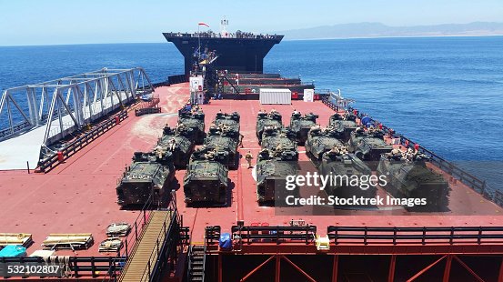U.S. Marine Corps AAV7A1 amphibious assault vehicles aboard USNS Montford Point. U.S. Marine Corps AAV7A1 amphibious assault vehicles aboard USNS Montford Point.