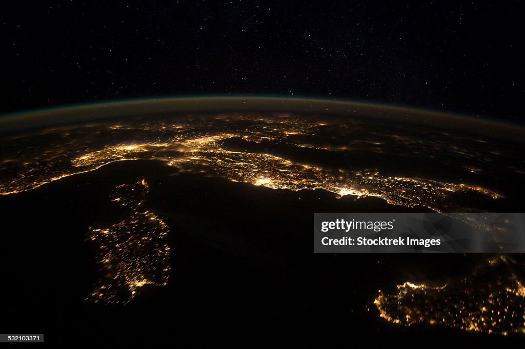 Nighttime panorama showing city lights of Europe.