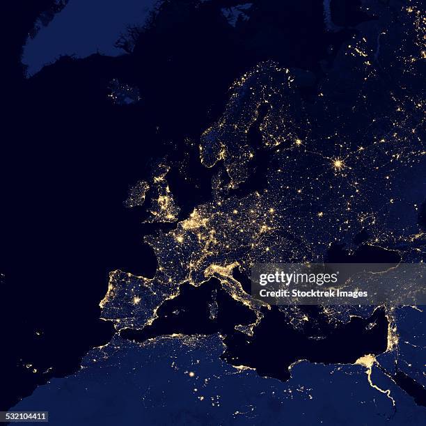 satellite view of city lights in several european and nordic cities. - globe europe stock pictures, royalty-free photos & images