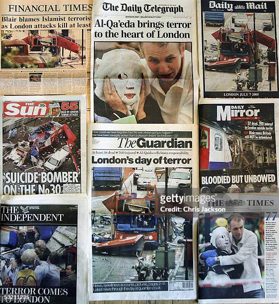 The front pages of the British national newspapers bearing the news of yesterday's bomb attacks are pictured on July 8, 2005 in London. The terror...