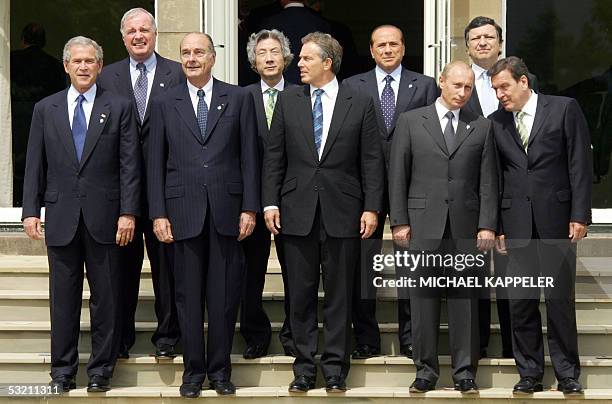 Gleneagles, United Kingdom: The G8 Leader stand in front of the Gleneagles hotel 08 July 2005, for the family photo at the G8 Summit. US President...