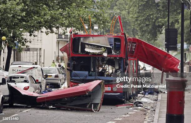 View of the bus destroyed by a bomb in Woburn Place on July 8, 2005 in London. Apart from the perpetrators, 52 people were killed and over 700 others...