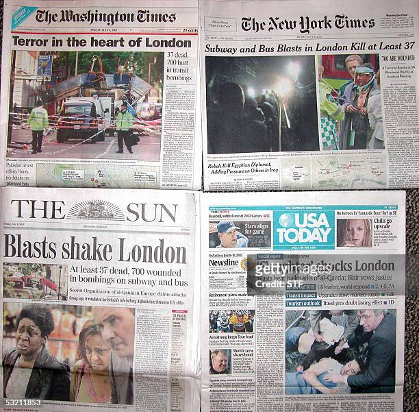 Washington, UNITED STATES: US newspapers carry the London bombings on their front pages 08 July, 2005. Police searched torn-up underground trains and...