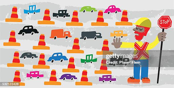 road works ahead - delayed sign stock illustrations