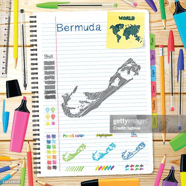bermuda maps hand drawn on notebook. wooden background - bermuda stock illustrations