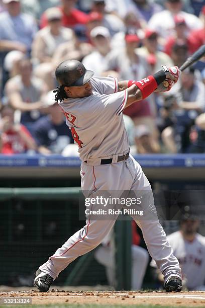 Manny Ramirez of the Boston Red Sox bats during the game against the Philadelphia Phillies at Citizens Bank Park on June 25, 2005 in Philadelphia,...