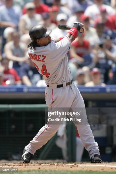 Manny Ramirez of the Boston Red Sox bats during the game against the Philadelphia Phillies at Citizens Bank Park on June 25, 2005 in Philadelphia,...