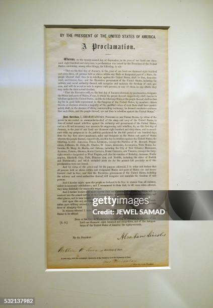 The Emancipation Proclamation signed by President Abraham Lincoln, that freed all slaves in the Confederacy is displayed at the Sothebys in New York,...