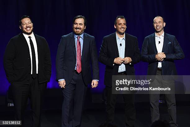 Personalities Sal Vulcano, Brian Quinn, Joe Gatto, and James Murray of Impractical Jokers appear on stage during the Turner Upfront 2016 show at The...