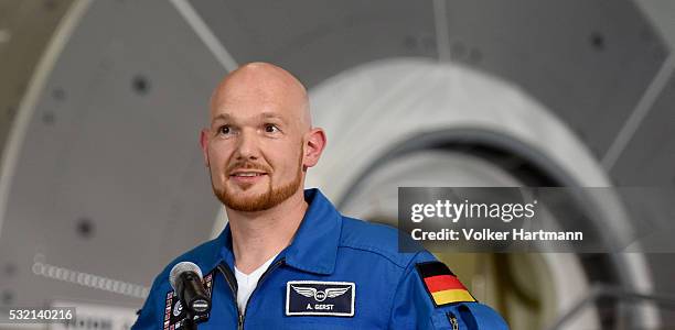 The German astronaut Alexander Gerst stands in the astronauts training hall during a visit of the German Chancellor Angela Merkel of the European...