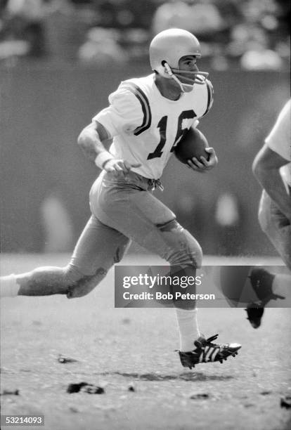 American college football player Gary Beban , quarterback for UCLA, runs with the ball during game against University of Pittsburgh, Pittsburgh,...