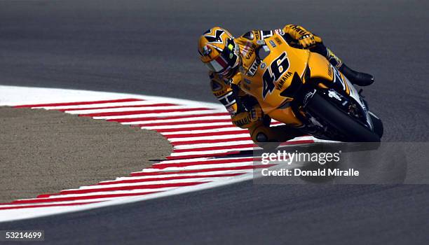 Valentino Rossi of Italy drives on track during the practice session for the 2005 Red Bull U.S. Grand Prix, part of the MotoGP World Championships on...