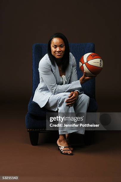 Dawn Staley of the Charlotte Sting poses for a fashion portrait during the 2005 WNBA All-Star Weekend on July 8, 2005 at Mohegan Sun Arena in...