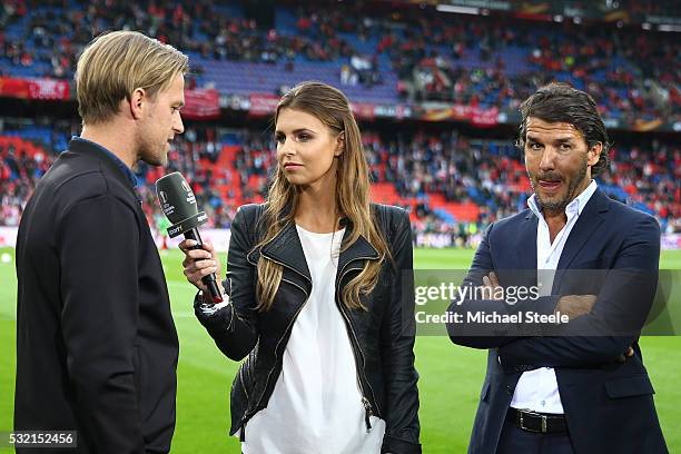 Television presenter Laura Wontorra interviews Timo Hildebrand and Karl-Heinz Riedle prior to the UEFA Europa League Final match between Liverpool...